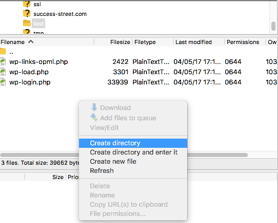 Create directory option in FileZilla remote pane
