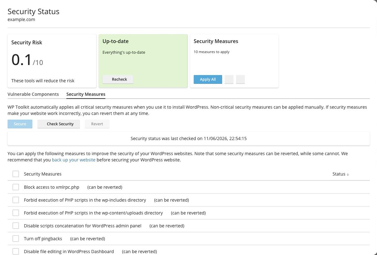 The Security Status panel in WP Toolkit, showing the security risk score