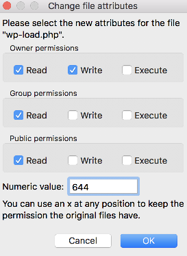 File Permissions dialog showing checkboxes and numeric value