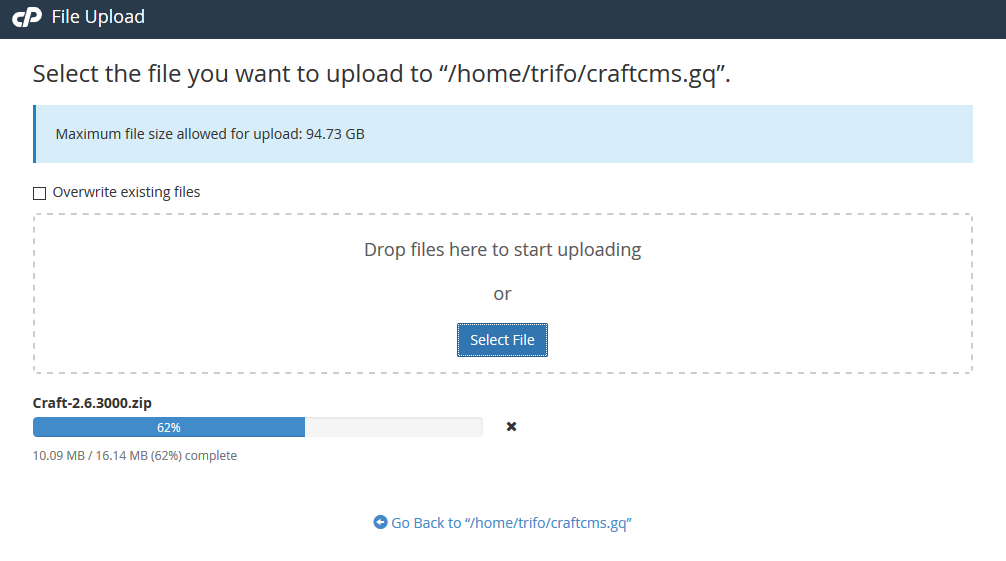 Uploading the Craft archive in cPanel File Manager