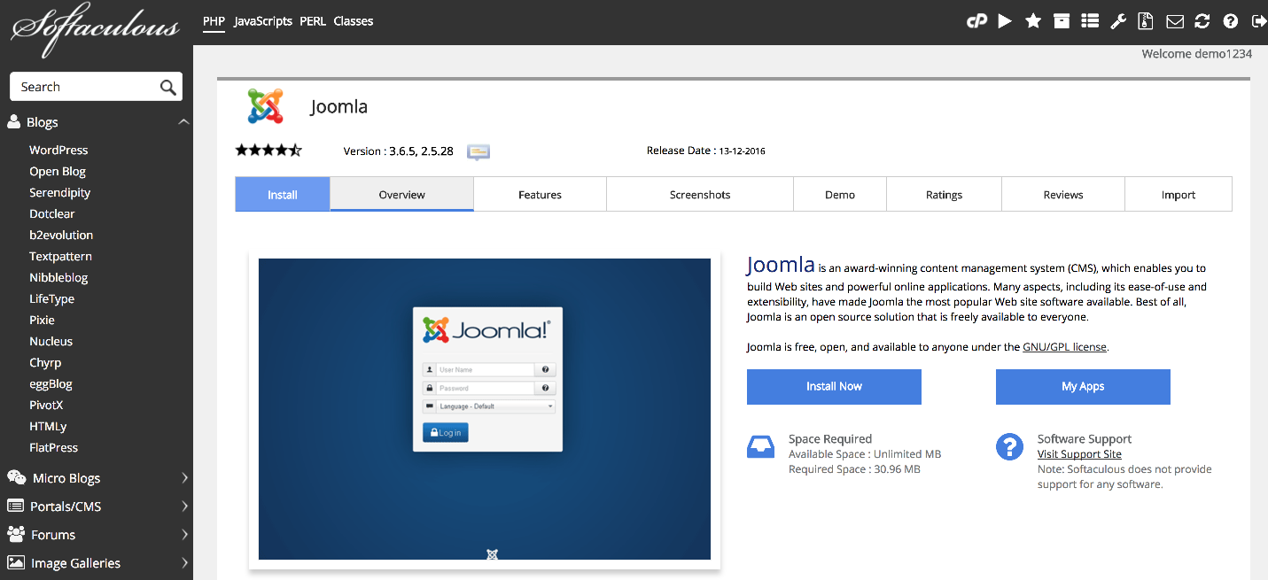 Joomla listed in Softaculous