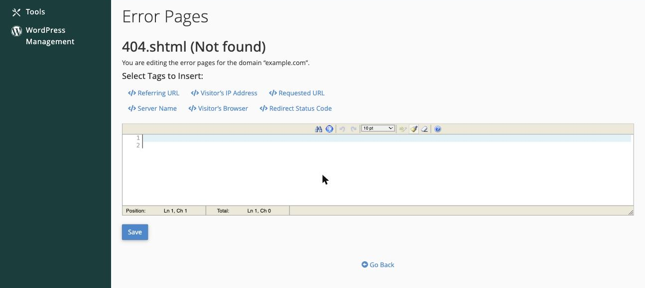 The custom error page editor, with dynamic-tag buttons