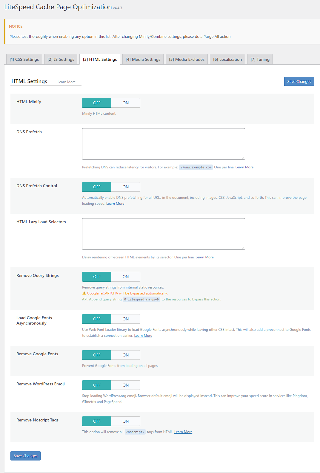 HTML settings tab