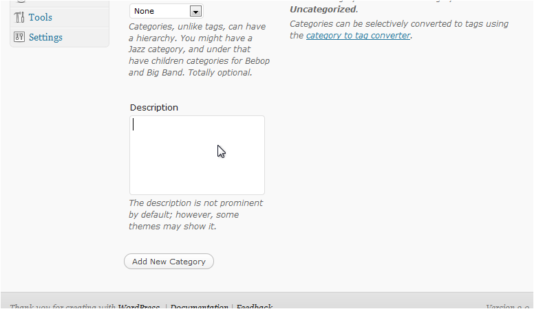 Description field and Add New Category button