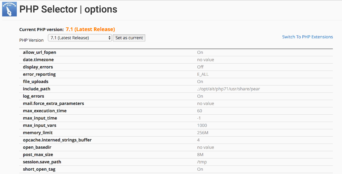 The PHP Options screen in cPanel