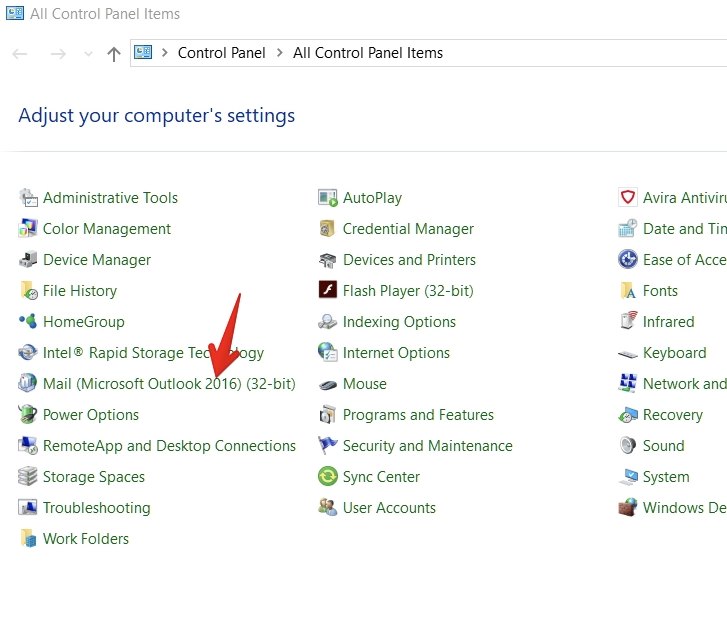 Mail option in Control Panel