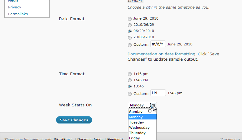 Week starts on setting