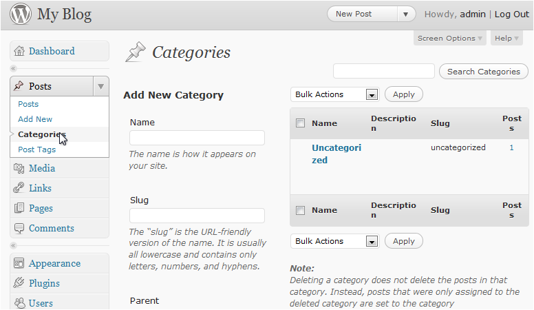Categories menu item