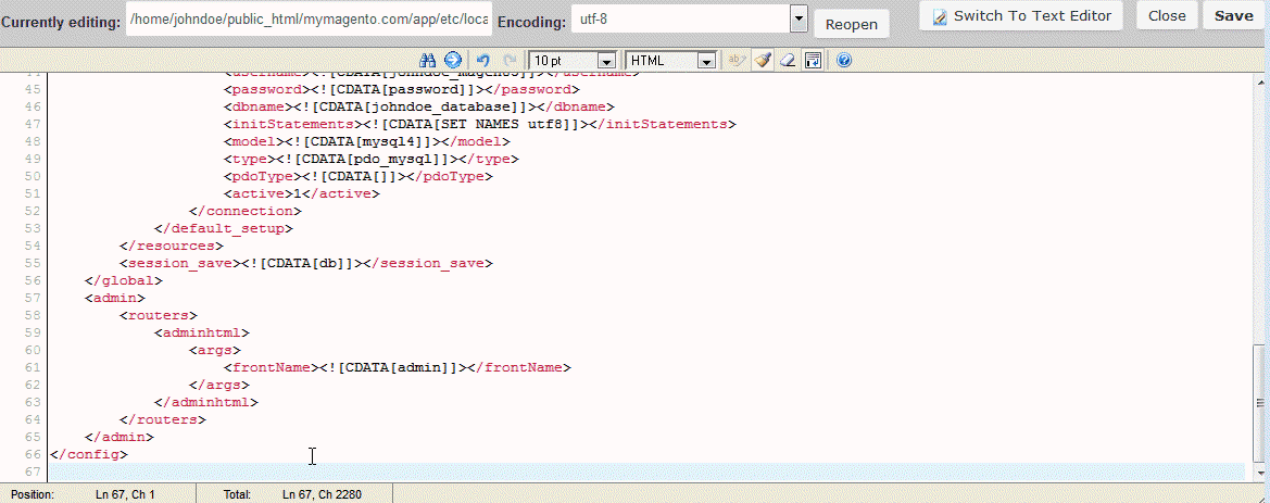 local.xml updated with the new admin path