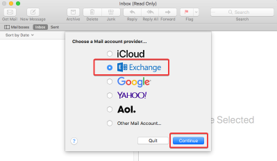 Mac Mail account type selection screen