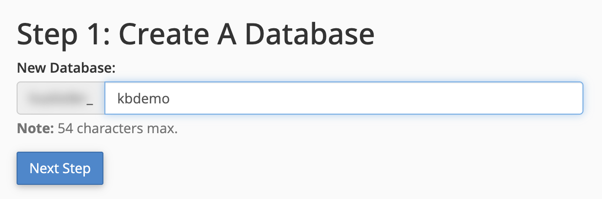 Entering a name for the new database in Step 1 of the Database Wizard