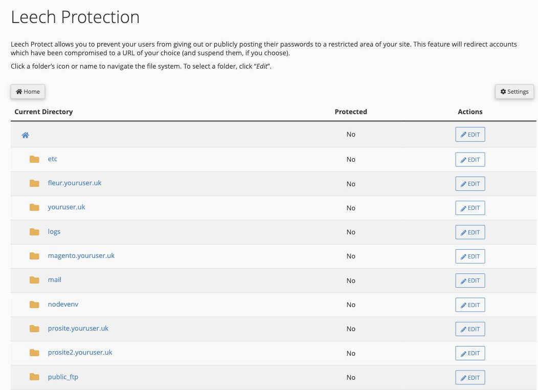 Choosing a directory in the Leech Protection tool in cPanel