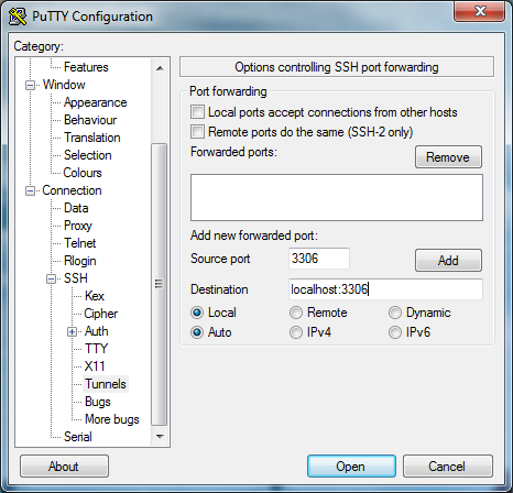 PuTTY port forwarding settings