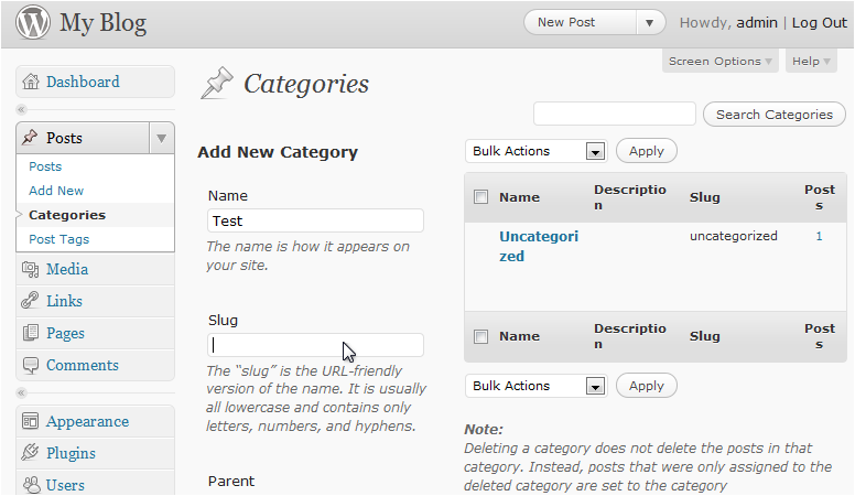 Category slug field
