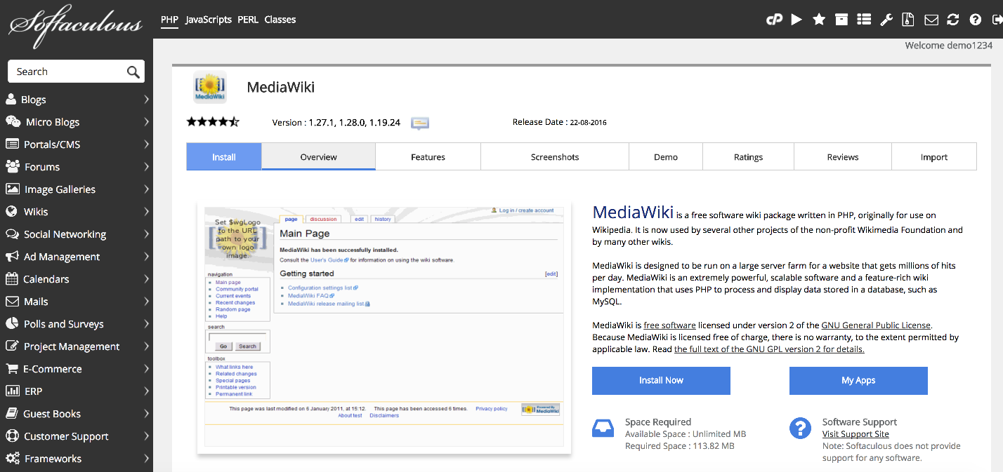 MediaWiki overview in Softaculous