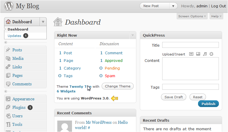 WordPress dashboard showing updated version