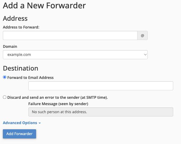 The Add Forwarder form in cPanel