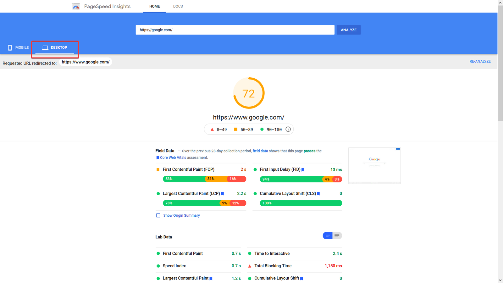 PageSpeed Insights result
