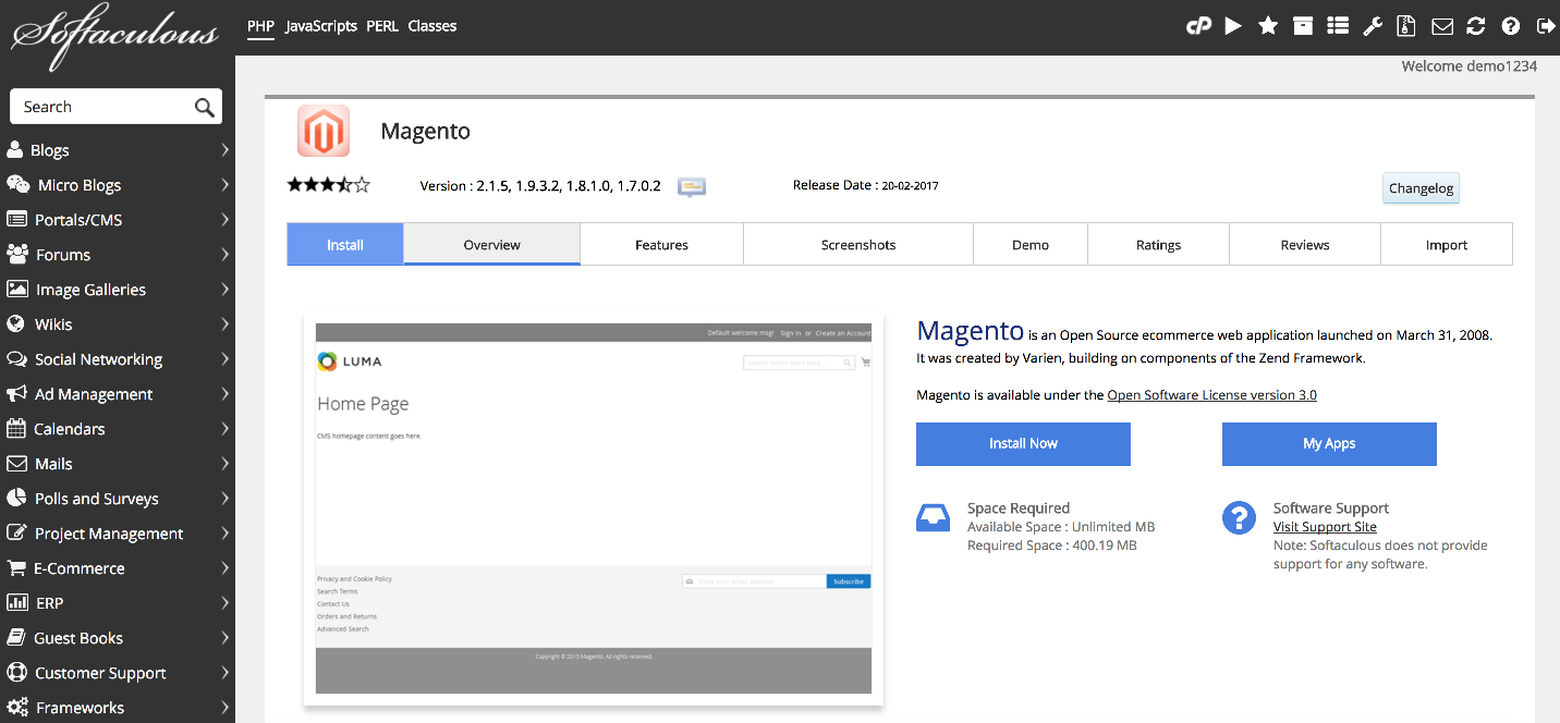 Magento overview page