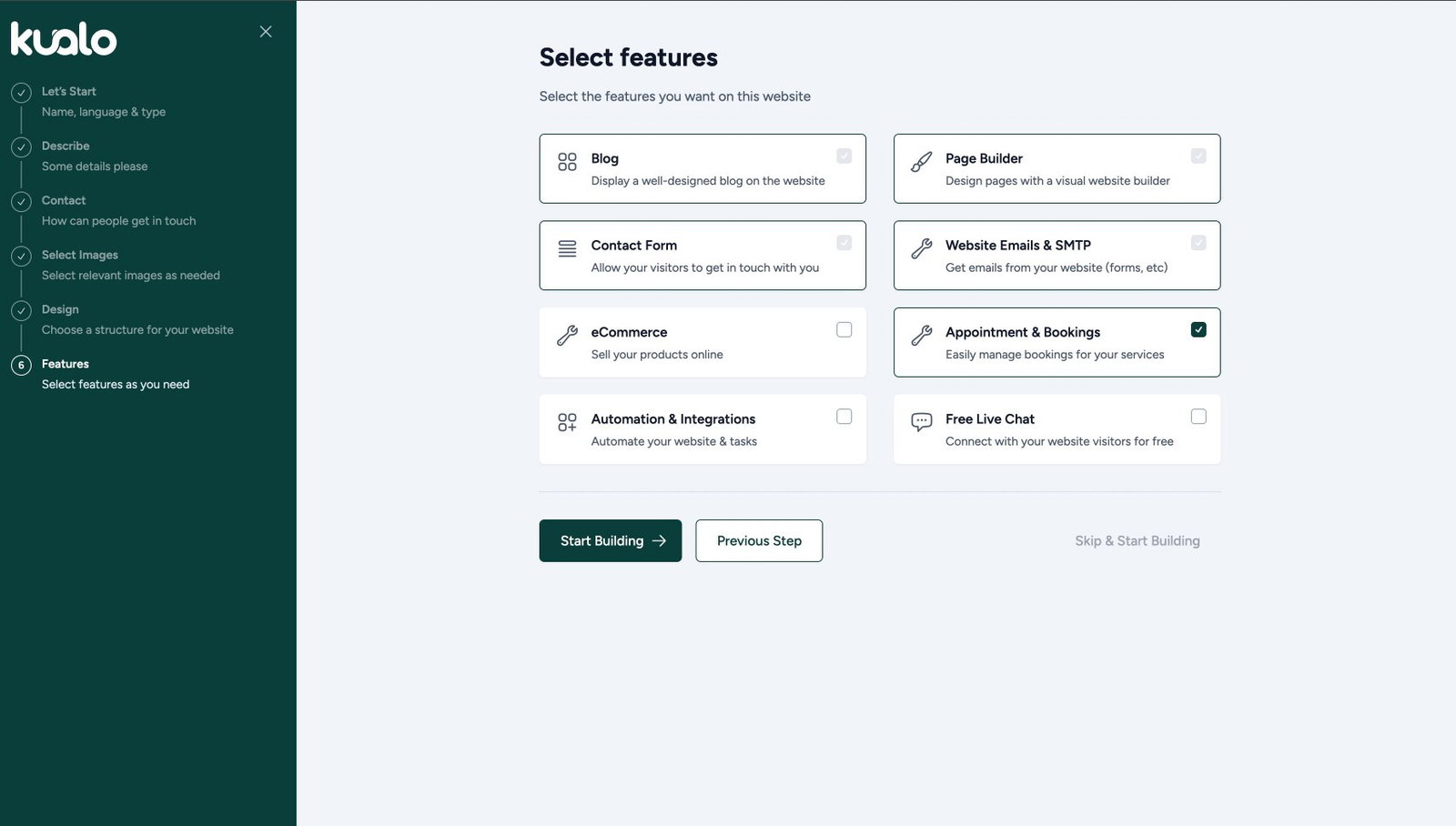 AI Starter Site - features selection screen