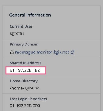 cPanel General Information panel showing the server IP address