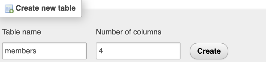 The Create new table form in phpMyAdmin, with the table name set to members and four columns