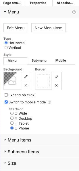 The menu settings panel in ProSite