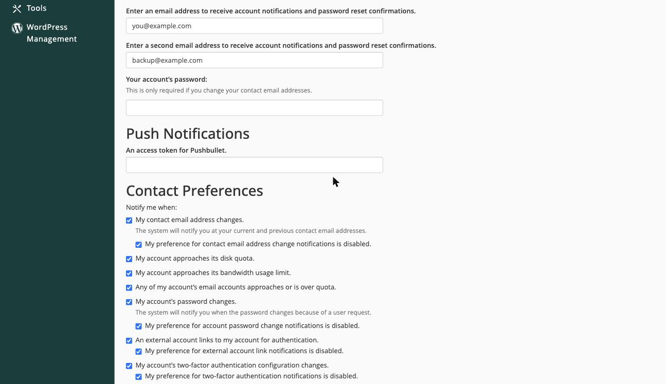 The Contact Information form - email fields and notification options
