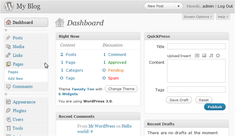 Pages menu in WordPress sidebar