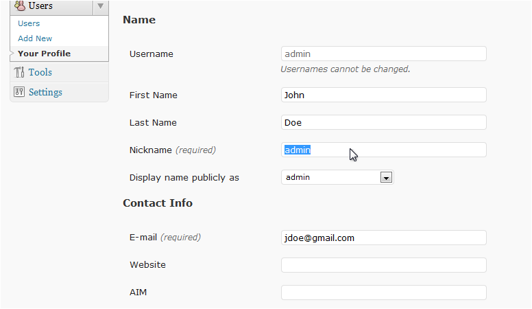 Name fields on the profile screen