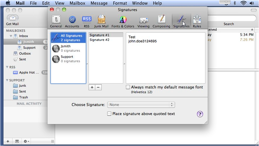 Signatures tab in Mail settings
