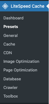 LiteSpeed Cache Presets menu