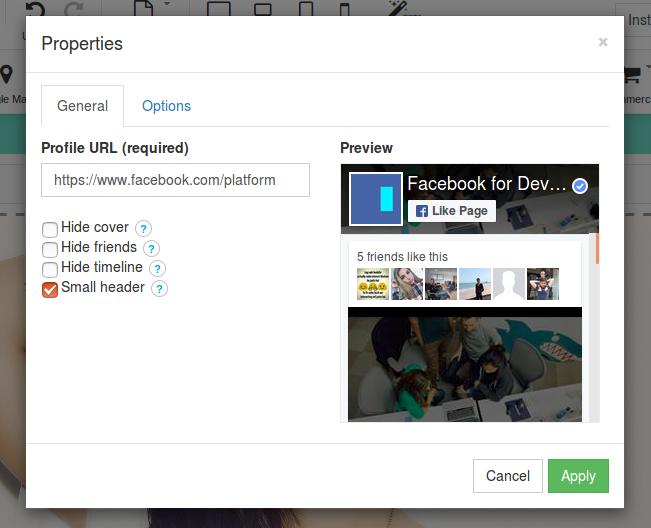 General tab with Facebook URL field