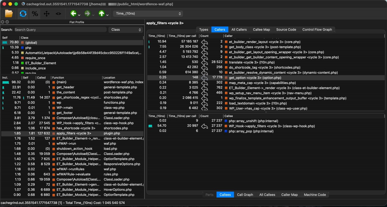 QCachegrind Flat Profile view sorted by inclusive time, showing get_shortcode_regex as a hot spot