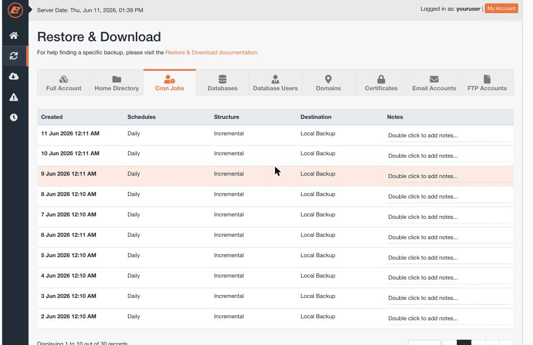The Cron Jobs tab in JetBackup