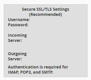 cPanel manual settings showing SSL/TLS incoming and outgoing server details