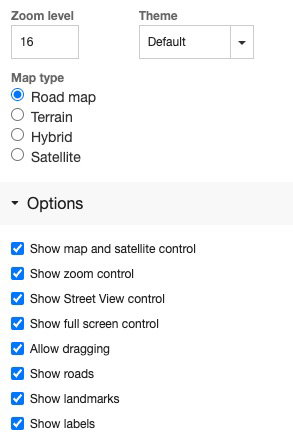 ProSite map widget configuration options panel