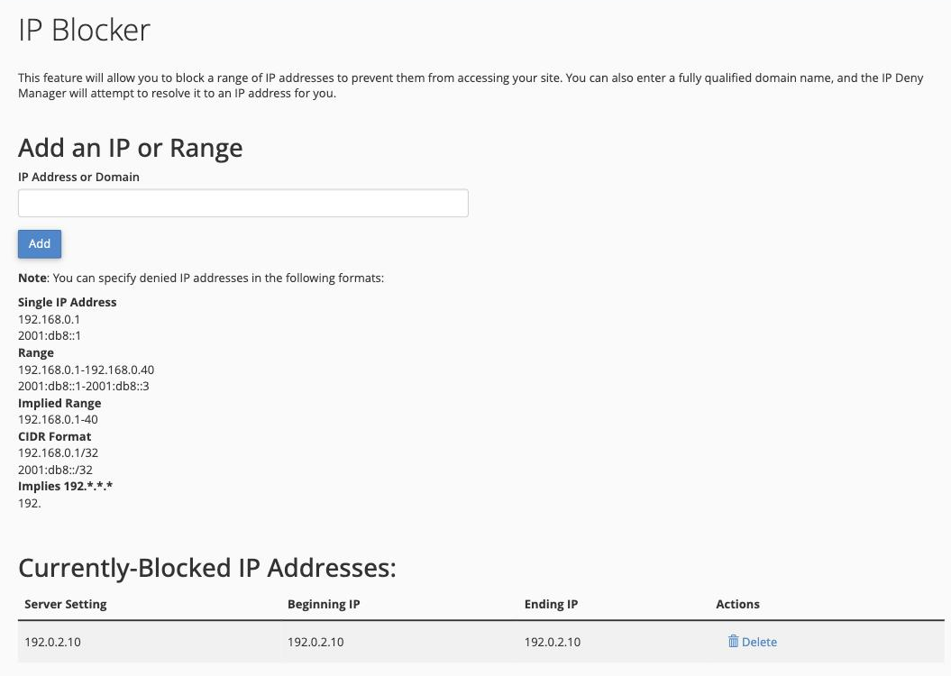 The IP Blocker tool - the Add field and the list of currently-blocked IPs
