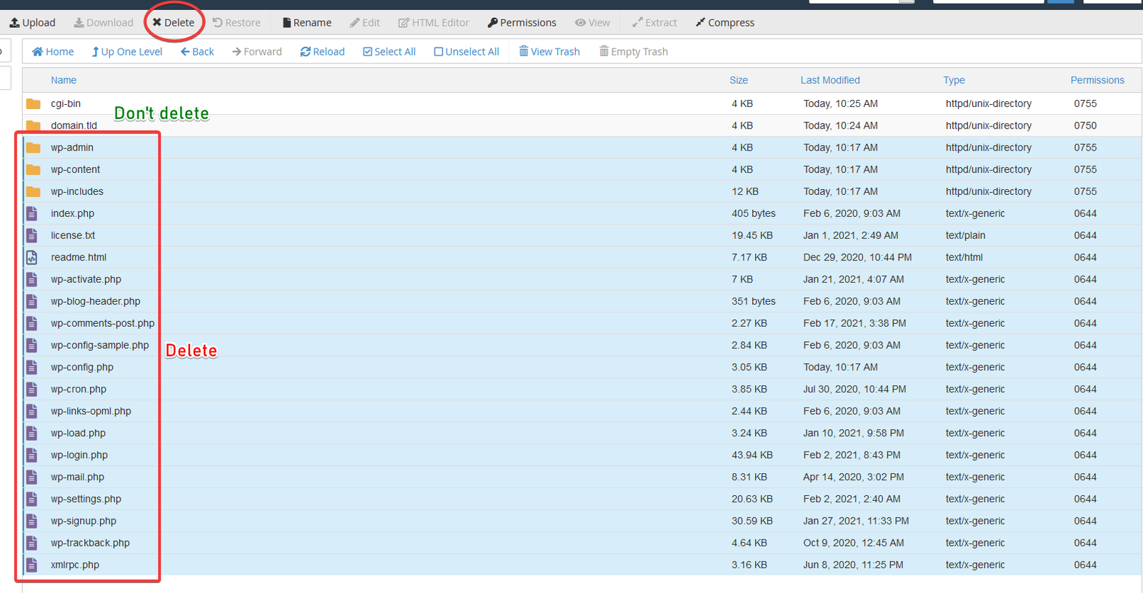 File Manager selection showing all WordPress files selected