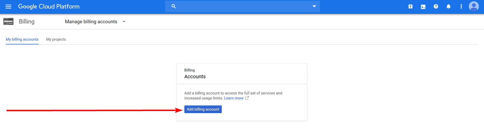 Google Cloud billing page showing the Add billing account button