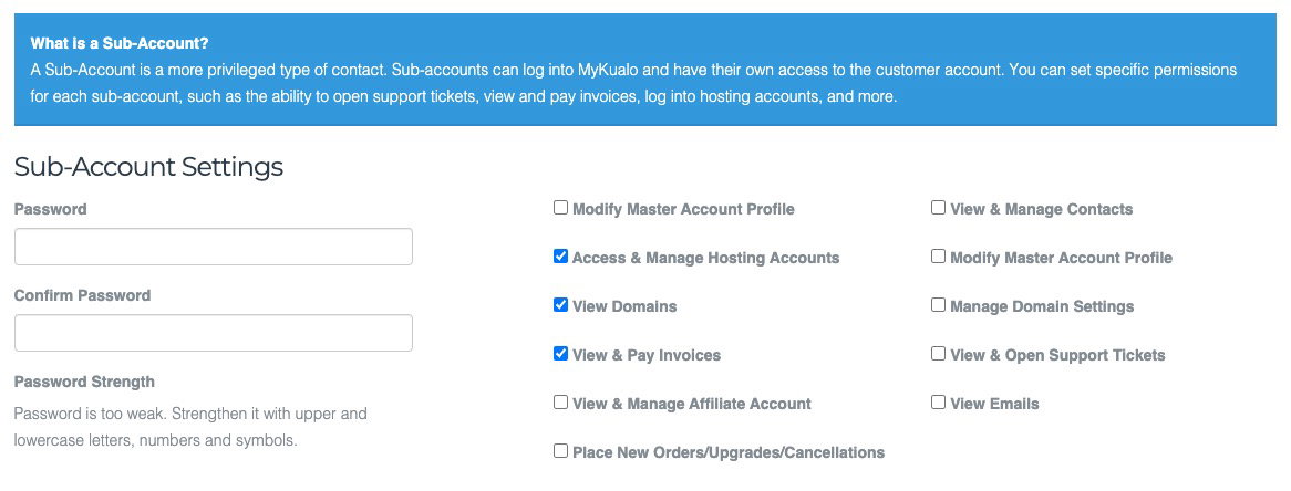 Sub-account privileges section
