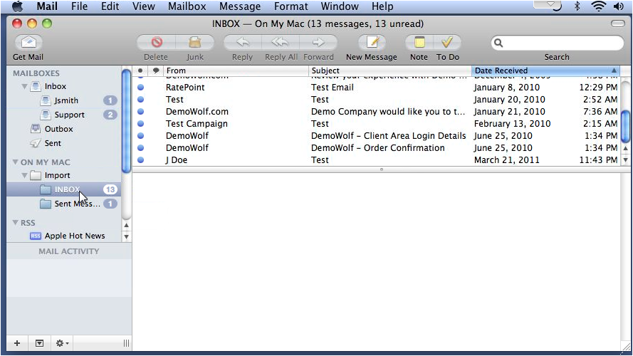 Imported messages in the Import folder