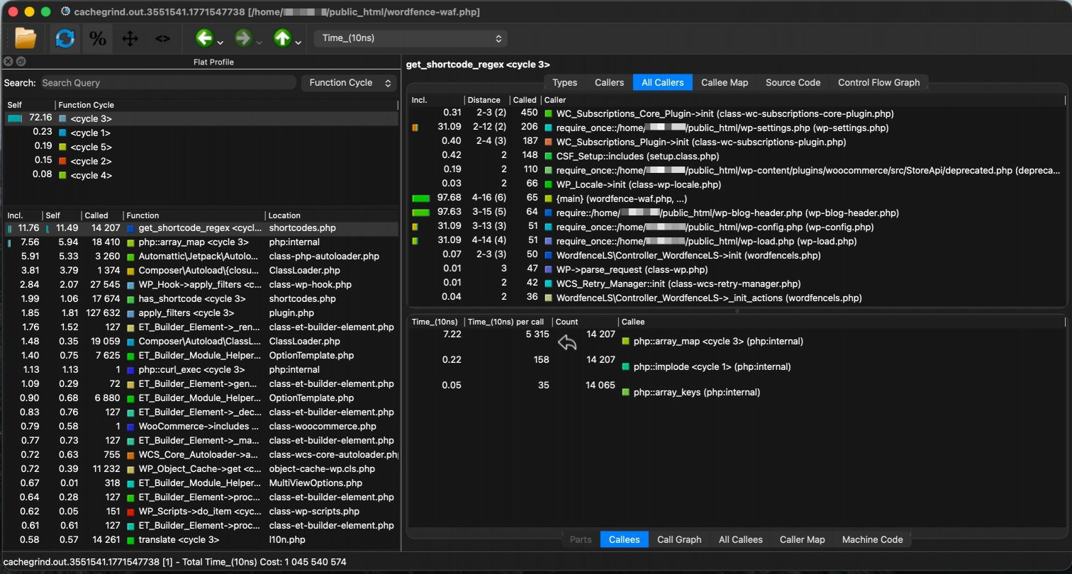 QCachegrind showing get_shortcode_regex selected, with the All Callers panel revealing multiple plugins calling into it