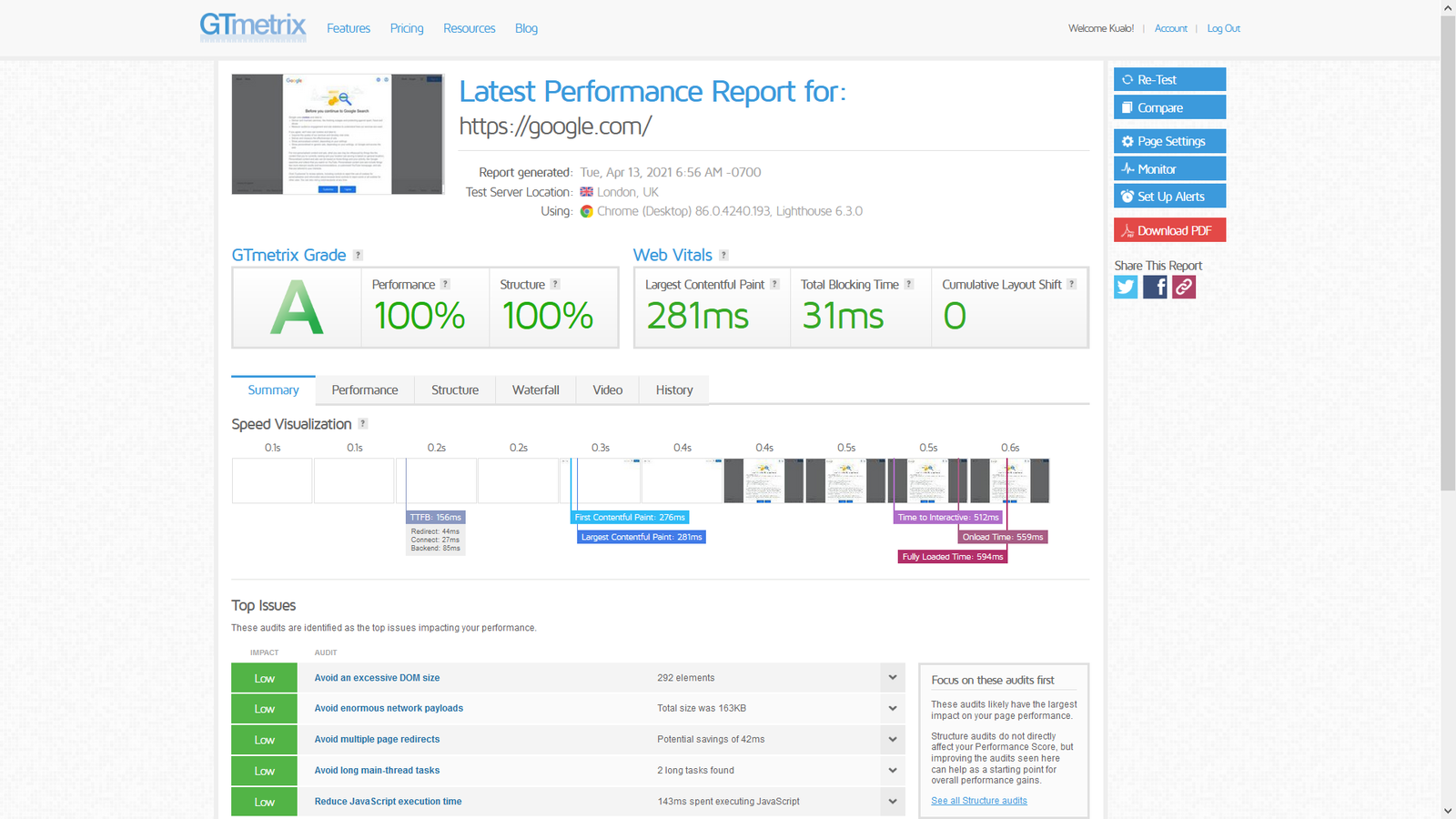 GTmetrix result overview