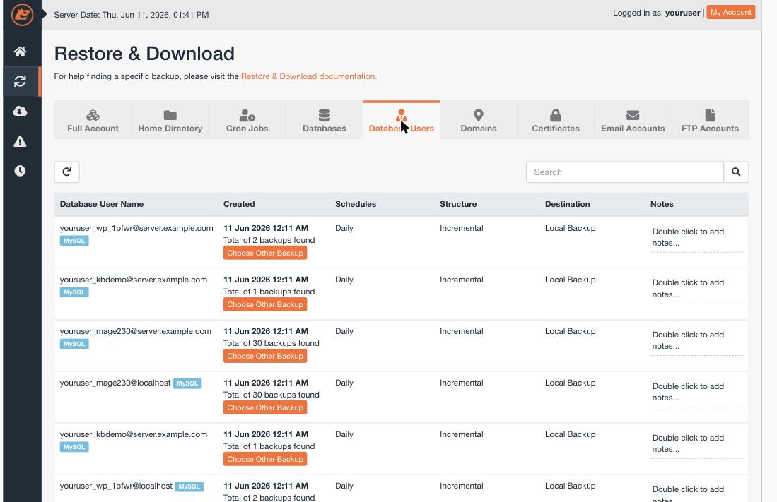 The Database Users tab in JetBackup