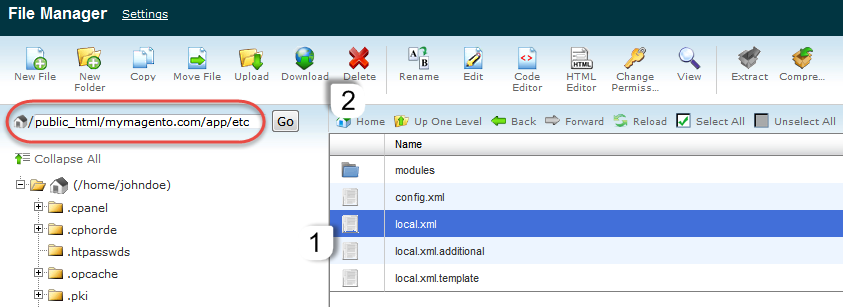 Downloading local.xml from cPanel File Manager