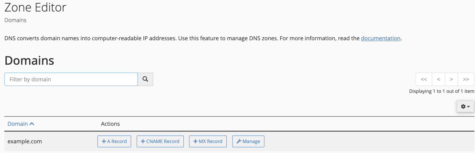 The Zone Editor domain list with quick-add buttons and Manage