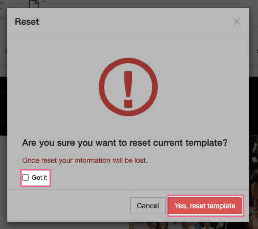 Reset confirmation dialog
