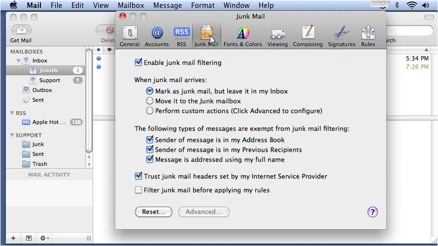 Junk Mail tab