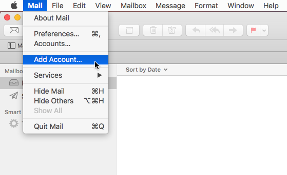 Mail menu showing Add Account option